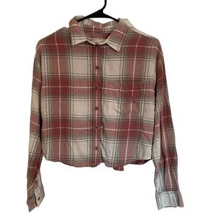 American Eagle Flannel Shirt Crop Top‎ Plaid Button Up Long Sleeve Small